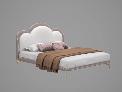 Elegant Double Bed Featuring Scalloped White Pink Upholstered Headboard Striped Pillows Brown Blanket Gold Legs 3d model
