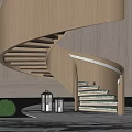 Wooden Spiral Staircase Interior With Green Plants Lanterns Marble Floor And Light Colored Walls