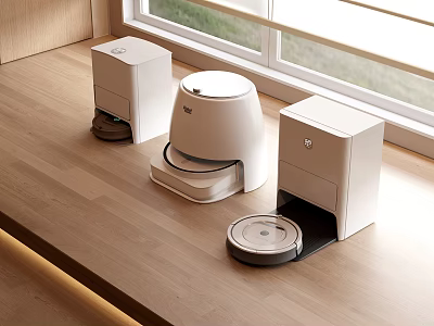 Smart Automatic Cleaning Robots With Charging Bases On Modern Wooden Floor 3d model
