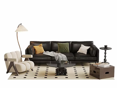 Modern Living Room Setup With Black Leather Sofa Colorful Pillows And Checkered Rug 3d model