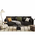 Modern Living Room Setup With Black Leather Sofa Colorful Pillows And Checkered Rug