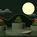 Green Background Landscape Sculpture with Zongzi Shape Yellow Full Moon White Clouds and Wavy Lines