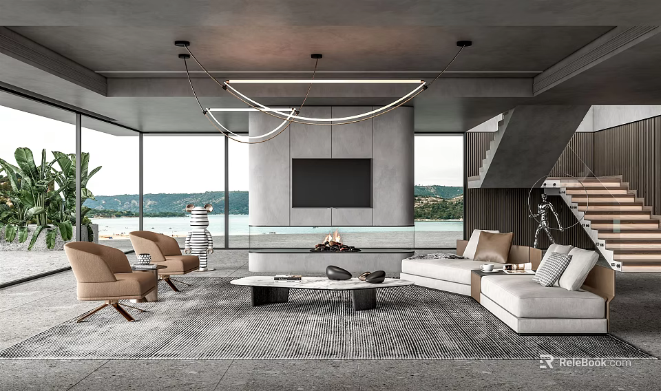 Modern Duplex Living Room Interior Design With Large Windows TV Wall Sofa And Rug 3d model 