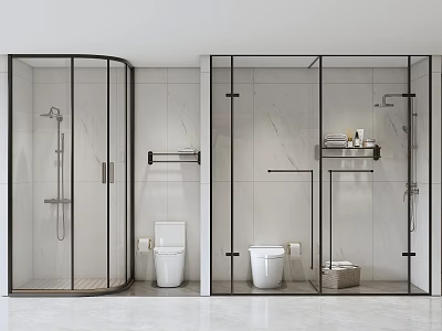 Modern Shower Head in Glass Enclosure Bathroom with White Tiled Walls Toilet and Shelf 3d model