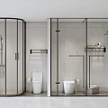 Modern Shower Head in Glass Enclosure Bathroom with White Tiled Walls Toilet and Shelf