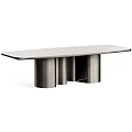 Modern Style Dining Table With Cylindrical Metal Base And Wood Grain Top Surface
