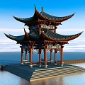 Chinese Traditional Pavilion With Multi Layered Eaves By Waterfront Under Blue Sky