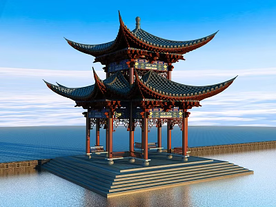 Chinese Traditional Pavilion With Multi Layered Eaves By Waterfront Under Blue Sky 3d model