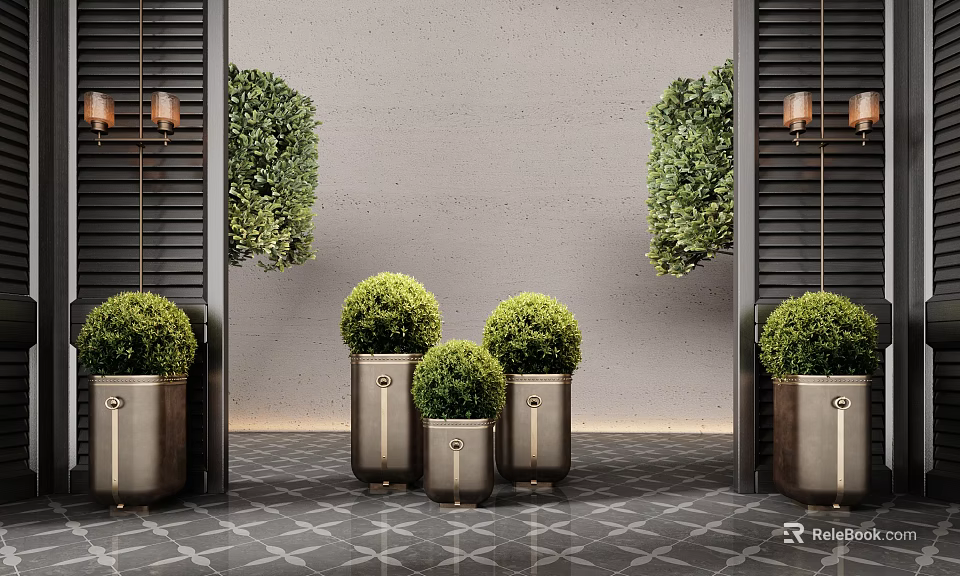 Trimmed Bonsai Plants In Metal Planters Against Gray Wall With Black Slats And Wall Lamps 3d model 