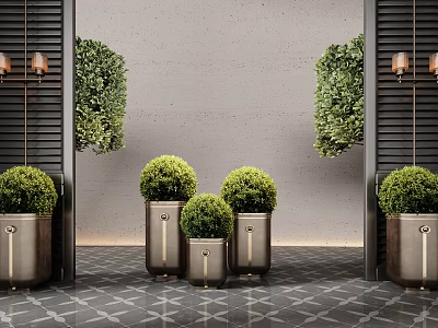 Trimmed Bonsai Plants In Metal Planters Against Gray Wall With Black Slats And Wall Lamps 3d model