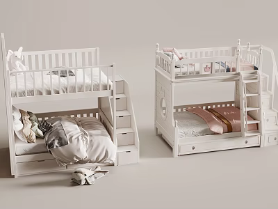 White Kids Bunk Bed With Ladder Drawers And Cozy Bedding Design 3d model