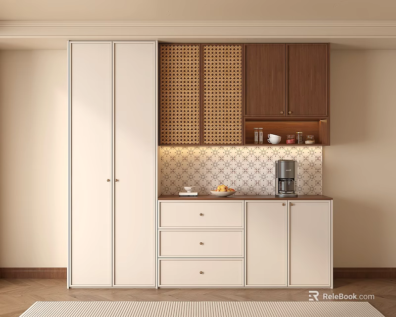 Elegant Modern Wine Cabinet Interior With White Doors Wooden Lattice Design Drawers And Countertop Appliances 3d model 