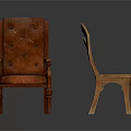 Vintage and Classic Furniture Featuring Leather Armchair and Wooden Carved Chair