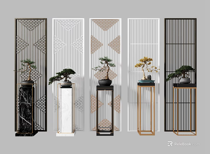 Bonsai Potted Plants On Decorative Stands With Patterned Screens Background 3d model