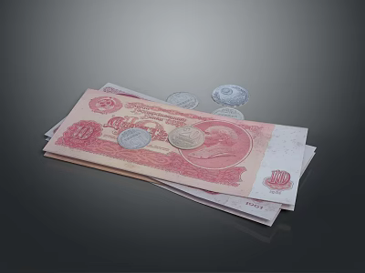 Pink Banknotes And Silver Coins Stacked As Daily Currency Items 3d model