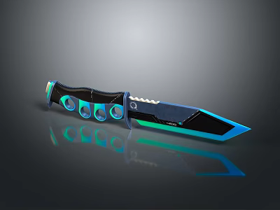 Modern Tactical Knife With Black Handle Circular Holes And Blue Green Glow Metal Blade Design 3d model