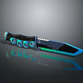 Modern Tactical Knife With Black Handle Circular Holes And Blue Green Glow Metal Blade Design