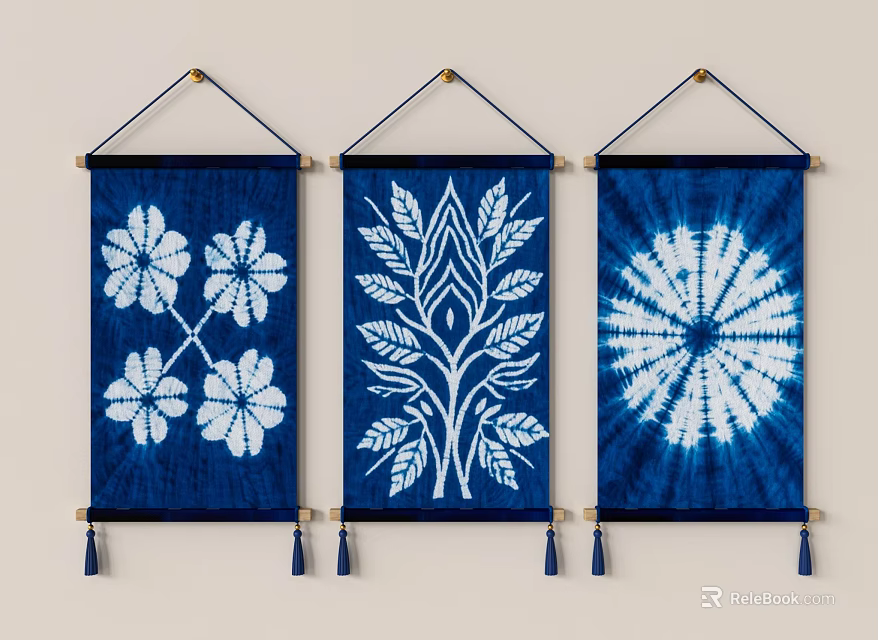 Blue And White Wall Hangings With Floral Leaf And Tie Dye Patterns For Home Decor 3d model 