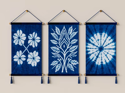 Blue And White Wall Hangings With Floral Leaf And Tie Dye Patterns For Home Decor 3d model
