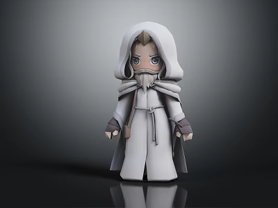 Cute Chibi Wizard Character In White Hooded Robe With Bearded Face And Blue Eyes 3d model