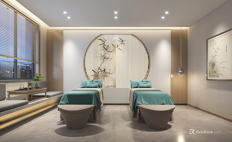 Serene SPA Sauna Interior With Twin Massage Beds Wooden Decor And Lighting 3d model 