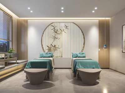 Serene SPA Sauna Interior With Twin Massage Beds Wooden Decor And Lighting 3d model