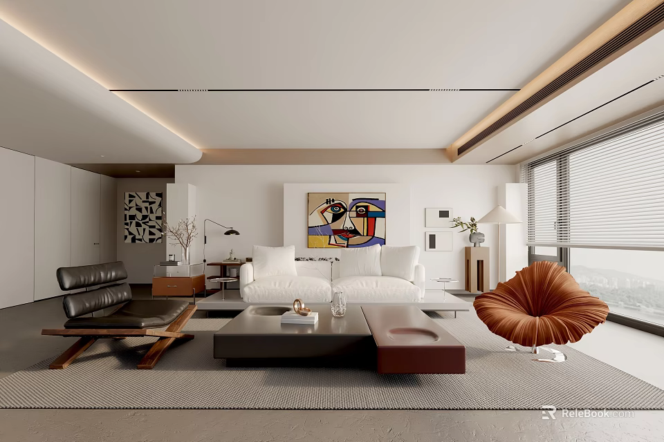 Modern Living Room Interior Design With White Sofa Black Leather Armchair And Orange Lounge Chair 3d model 