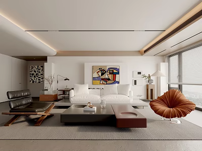 Modern Living Room Interior Design With White Sofa Black Leather Armchair And Orange Lounge Chair 3d model