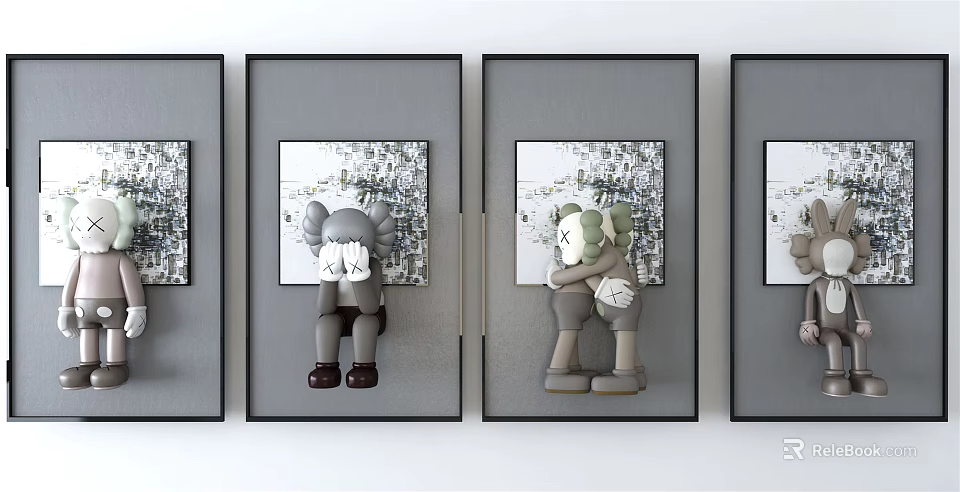 Modern Artistic Wall Decor Set With Black Frames And Cartoon Figures 3d model