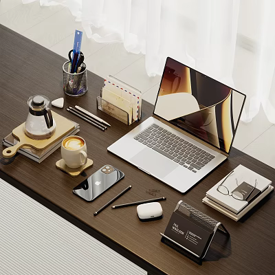 Complete Wooden Desk Setup With Laptop Coffee Cup Smartphone Pen Holder Notebooks And Eyeglasses 3d model