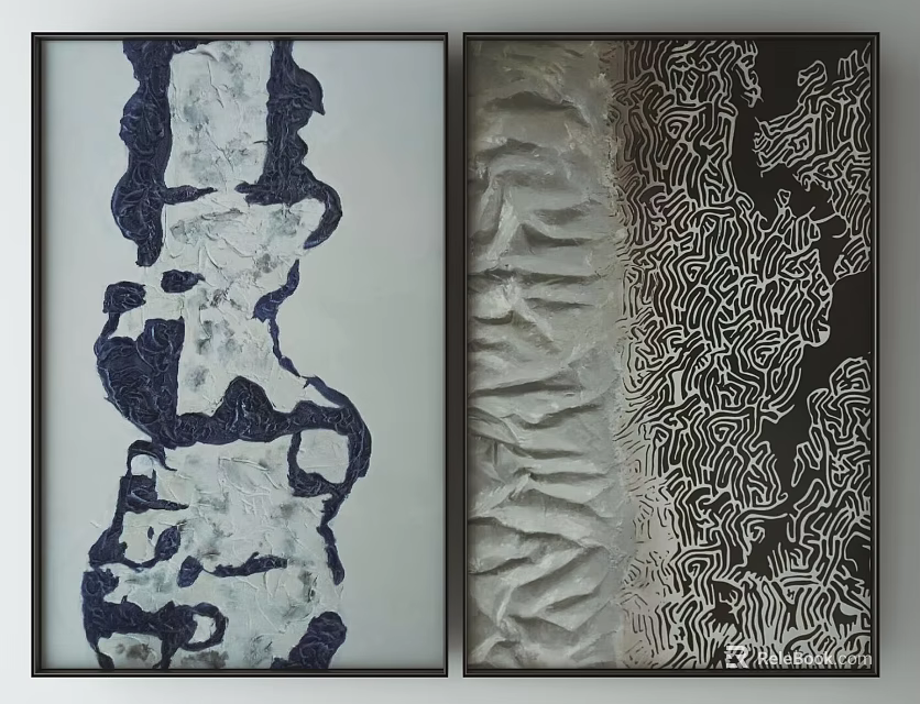 Two Abstract Decorative Paintings With Blue White Black White Patterns And Black Frames 3d model 