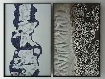 Two Abstract Decorative Paintings With Blue White Black White Patterns And Black Frames 3d model