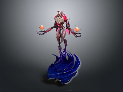 Fantasy Mythical Character With Horns Holding Orbs On Blue Energy Waves 3d model