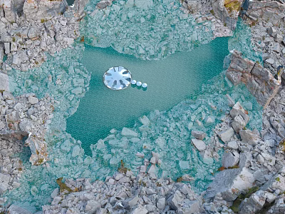 Aerial View Garden Landscape With Blue Pond Rocky Terrain And White Central Decorations 3d model