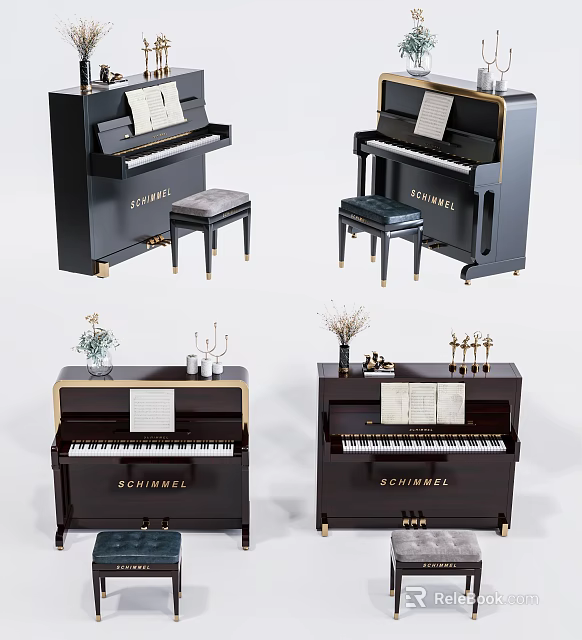 Elegant SCHUMMELL Pianos Display With Stool Music Sheet Vase And Candle Holder Decor 3d model 