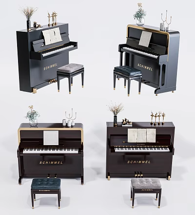 Elegant SCHUMMELL Pianos Display With Stool Music Sheet Vase And Candle Holder Decor 3d model