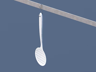 White Slotted Spoon Hanging On Metal Rod Against A Blue Background 3d model