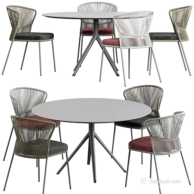 Round Outdoor Table With Metal Legs And Woven Rattan Chairs Red Black Cushions 3d model 