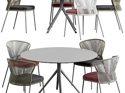 Round Outdoor Table With Metal Legs And Woven Rattan Chairs Red Black Cushions 3d model