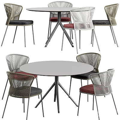 Round Outdoor Table With Metal Legs And Woven Rattan Chairs Red Black Cushions 3d model