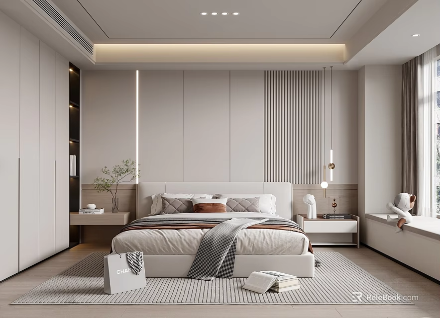 Modern Bedroom Interior With Bed Nightstands Wardrobe Pendant Lights And Decorative Rug 3d model 