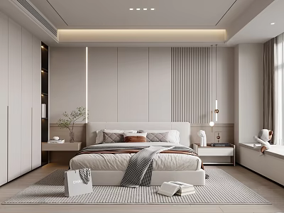 Modern Bedroom Interior With Bed Nightstands Wardrobe Pendant Lights And Decorative Rug 3d model