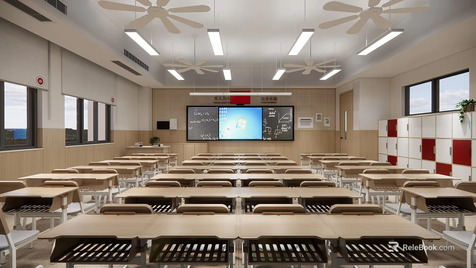 School Classroom Interior With Rows Of Desks Projector Screen Bright Lighting And Ceiling Fans 3d model 