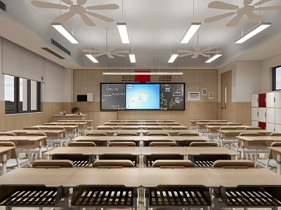 School Classroom Interior With Rows Of Desks Projector Screen Bright Lighting And Ceiling Fans 3d model
