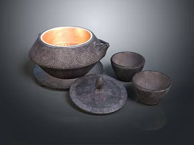 Traditional Woven Tea Set with Teapot Lid and Two Small Matching Cups 3d model
