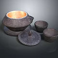 Traditional Woven Tea Set with Teapot Lid and Two Small Matching Cups