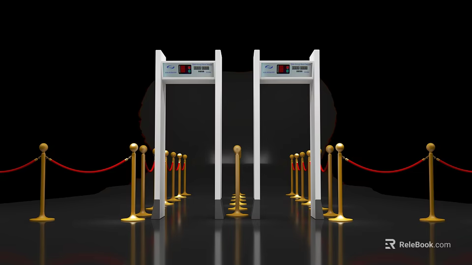 Public Facility Security Gates For Safety Check With Golden Stanchions And Red Ropes 3d model 