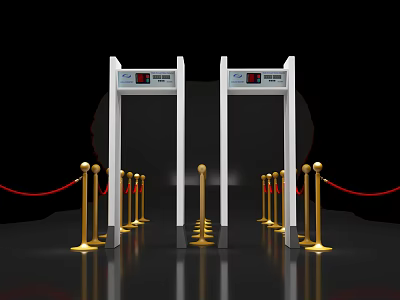 Public Facility Security Gates For Safety Check With Golden Stanchions And Red Ropes 3d model