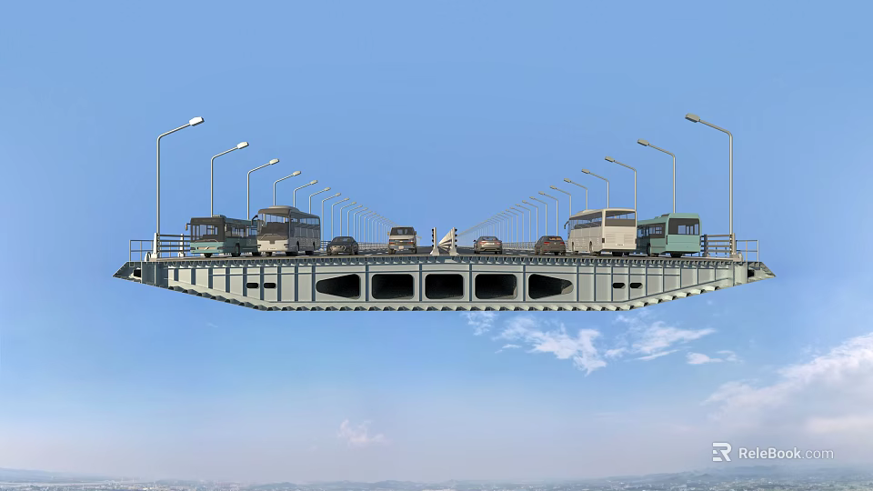Highway Bridge with Vehicles Street Lamps Blue Sky and Distant Mountains Background 3d model 