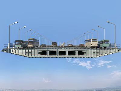 Highway Bridge with Vehicles Street Lamps Blue Sky and Distant Mountains Background 3d model